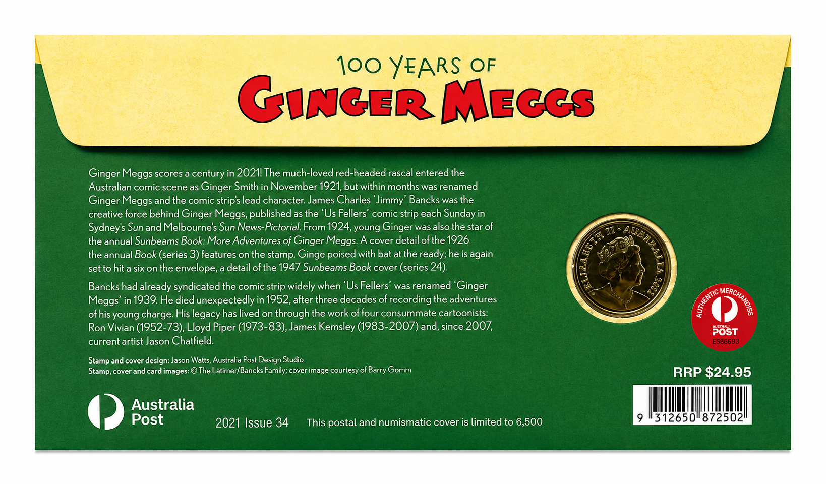 PNC - 2021 Ginger Meggs 100 Years (cricket) $1 Coloured Coin